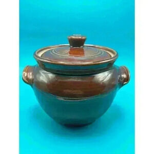 Antique Stoneware Lidded Crockpot Casserole Brown